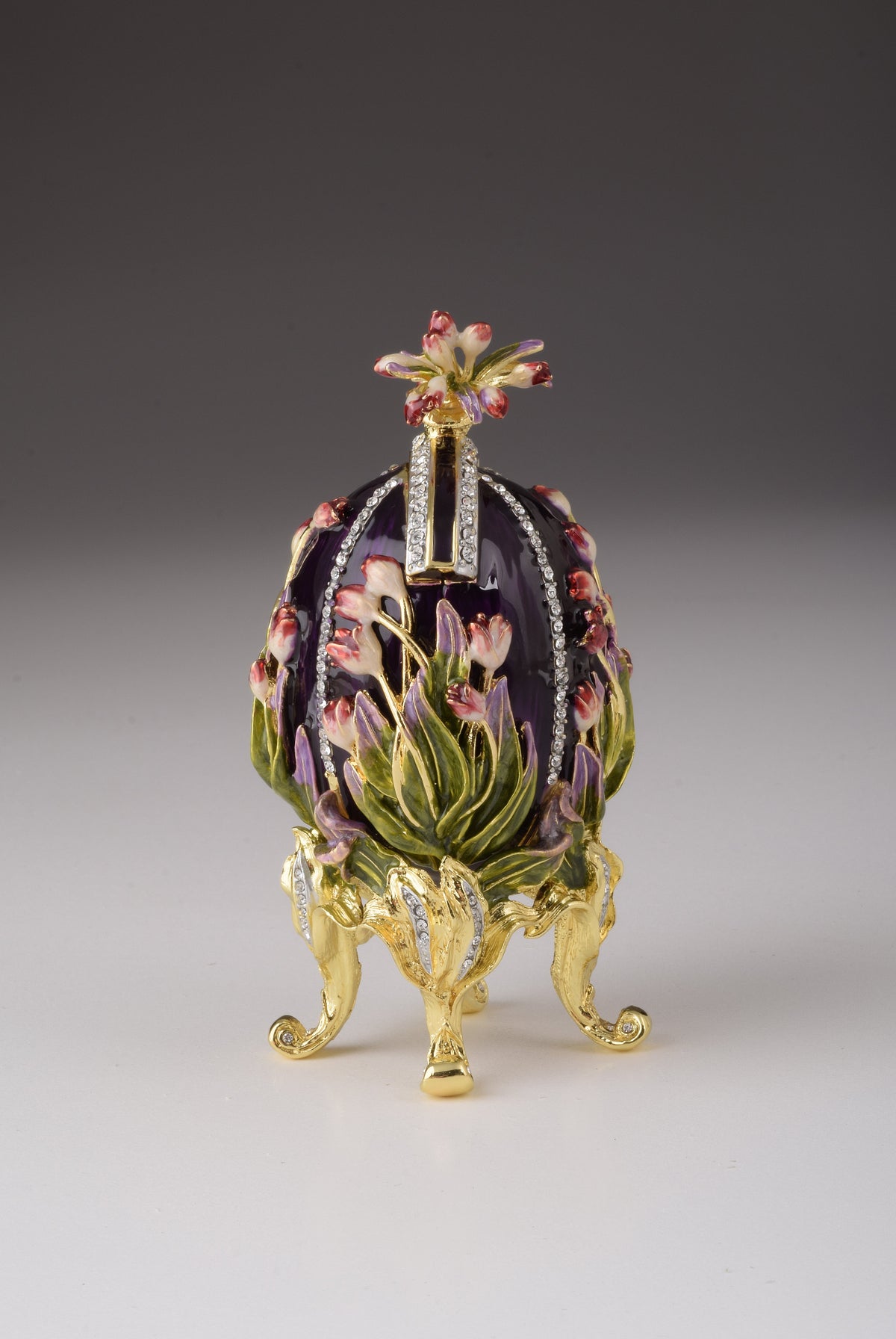 Keren Kopal Purple tulip Egg Trinket Box & Clock Russian Egg