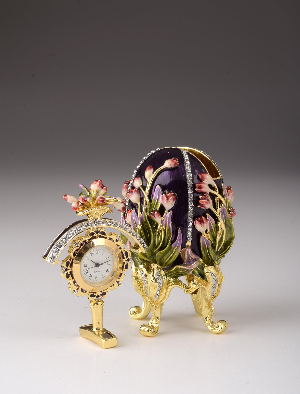 Keren Kopal Purple tulip Egg Trinket Box & Clock Russian Egg
