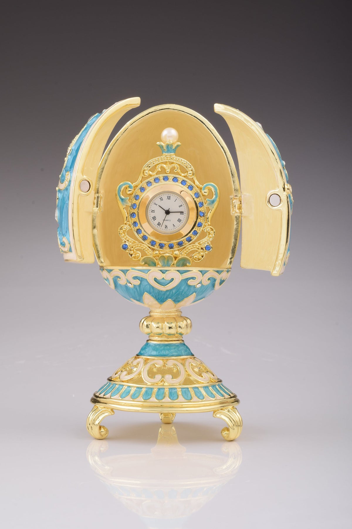 Keren Kopal Teal Faberge Egg with Clock Inside