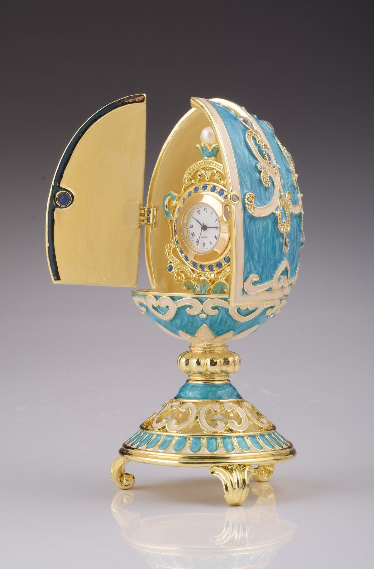 Keren Kopal Teal Faberge Egg with Clock Inside