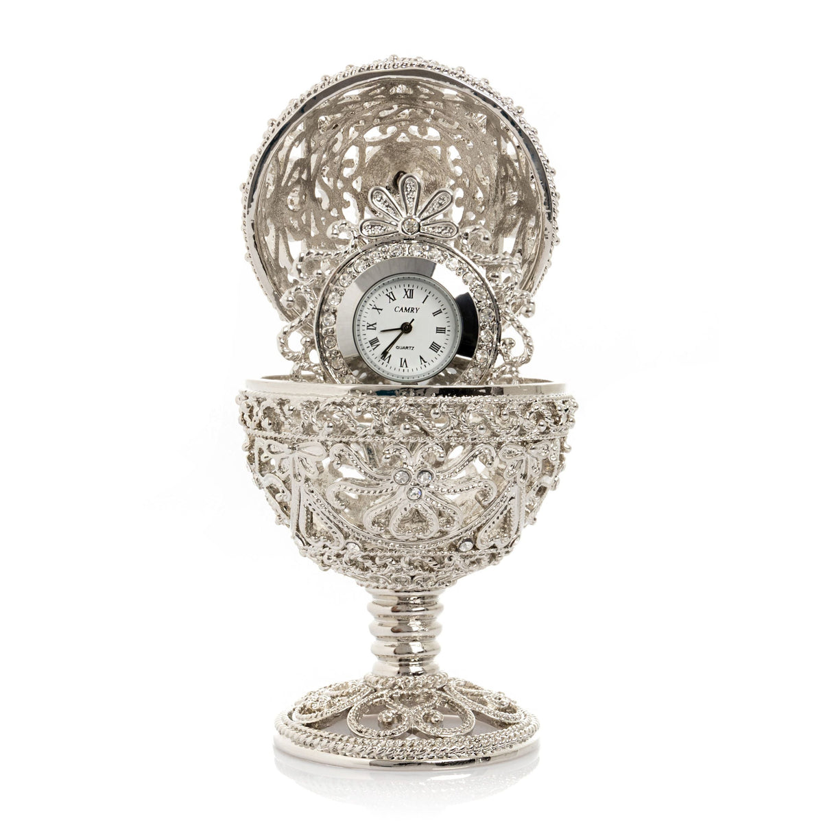 Keren Kopal Silver Faberge Egg with Clock Inside