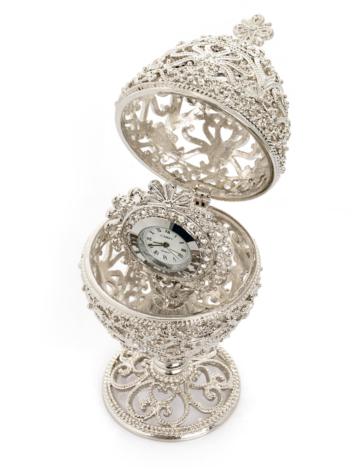 Keren Kopal Silver Faberge Egg with Clock Inside