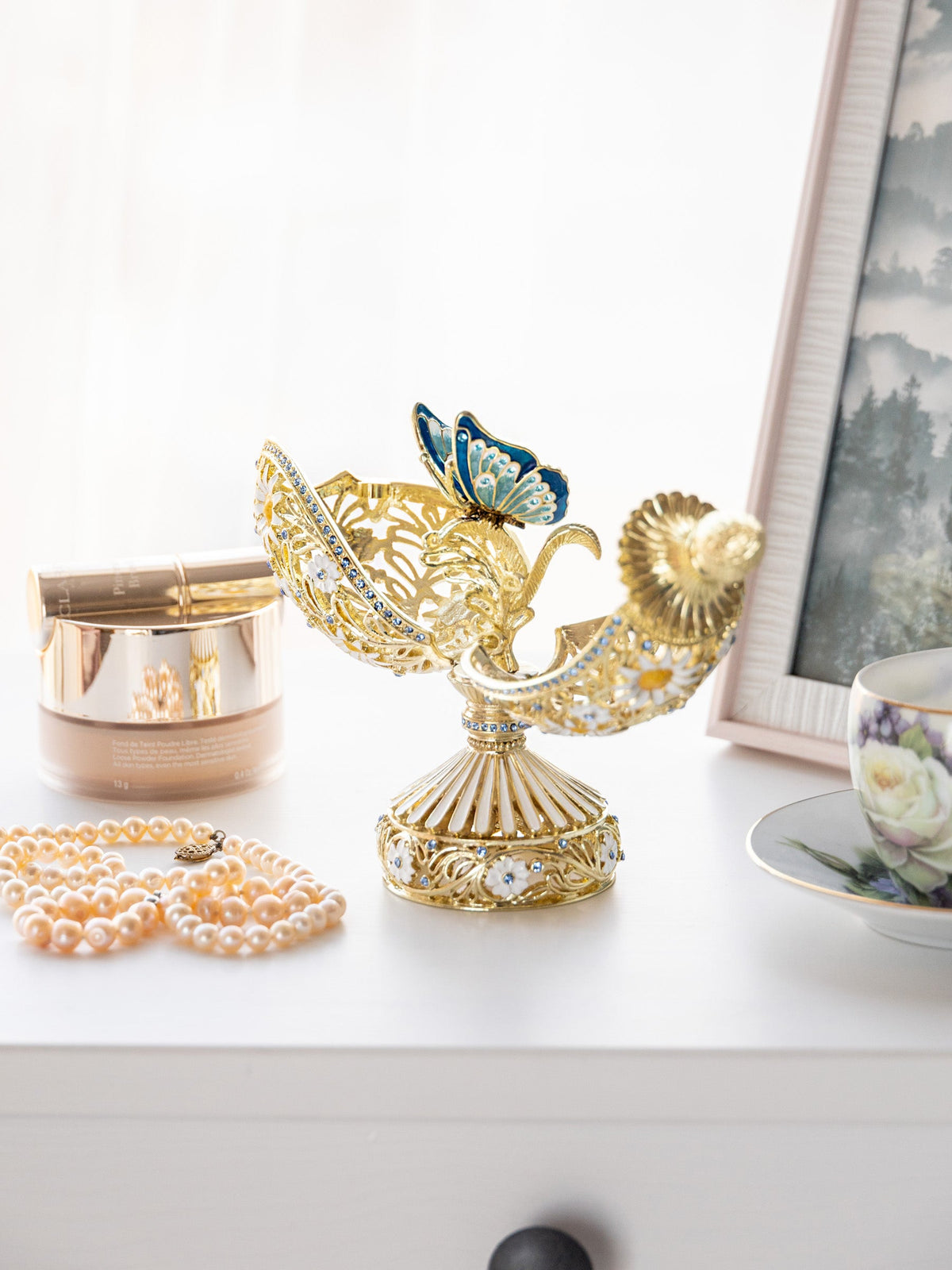 Keren Kopal White Faberge Egg with Butterfly Inside