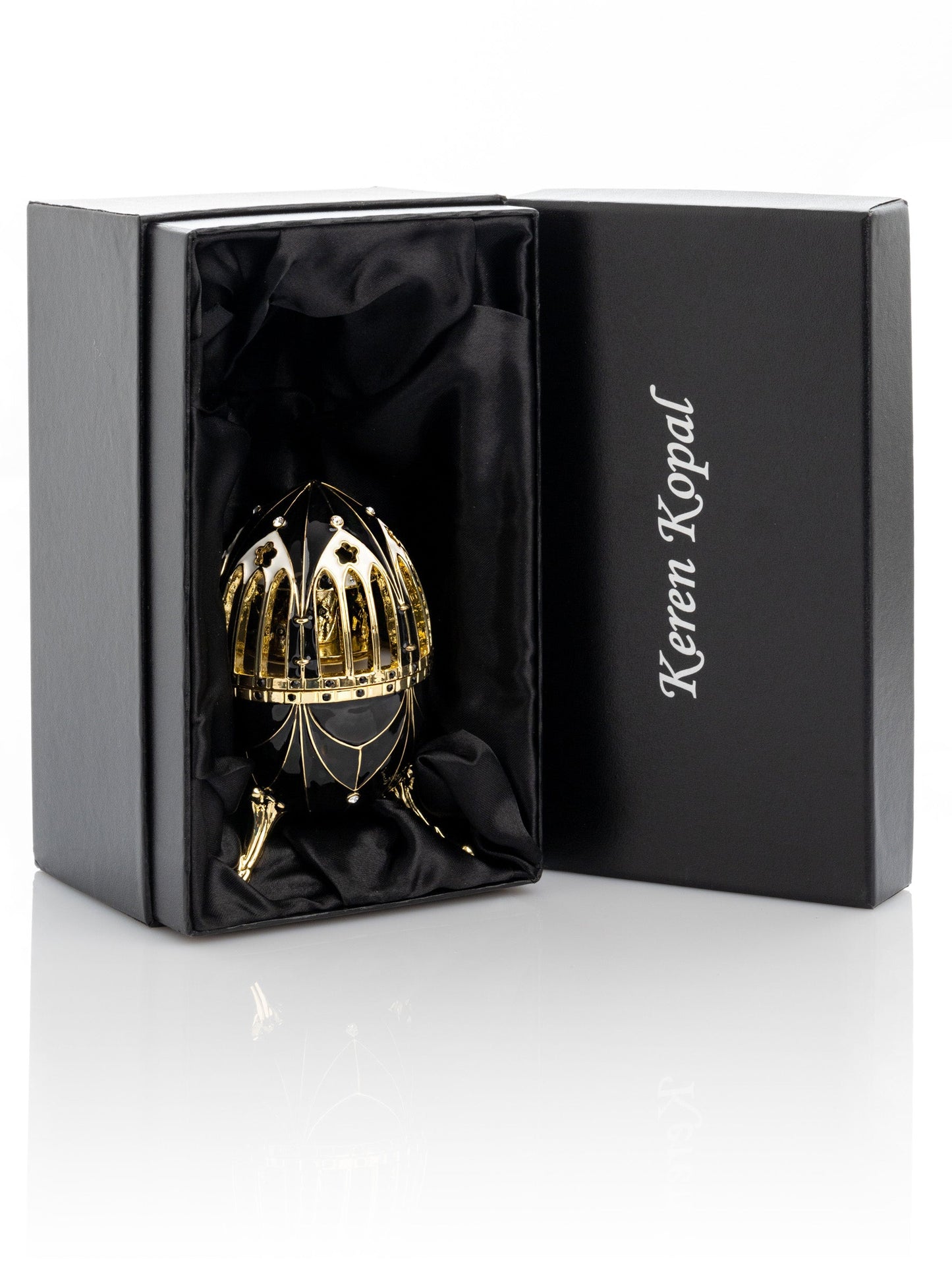 Keren Kopal Black and Gold Faberge Egg with Horse Carousel Surprise Inside