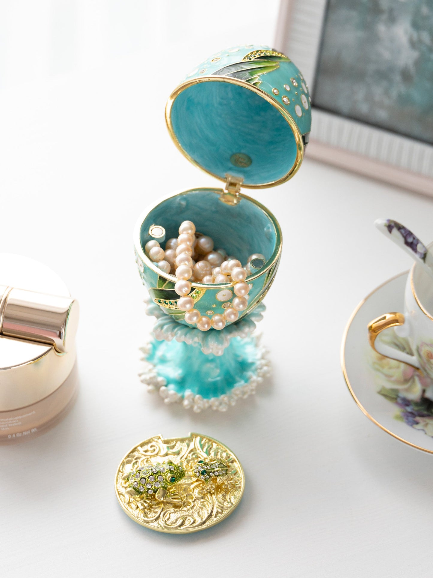Keren Kopal Turquoise Faberge Egg with 2 Frogs Surprise Inside