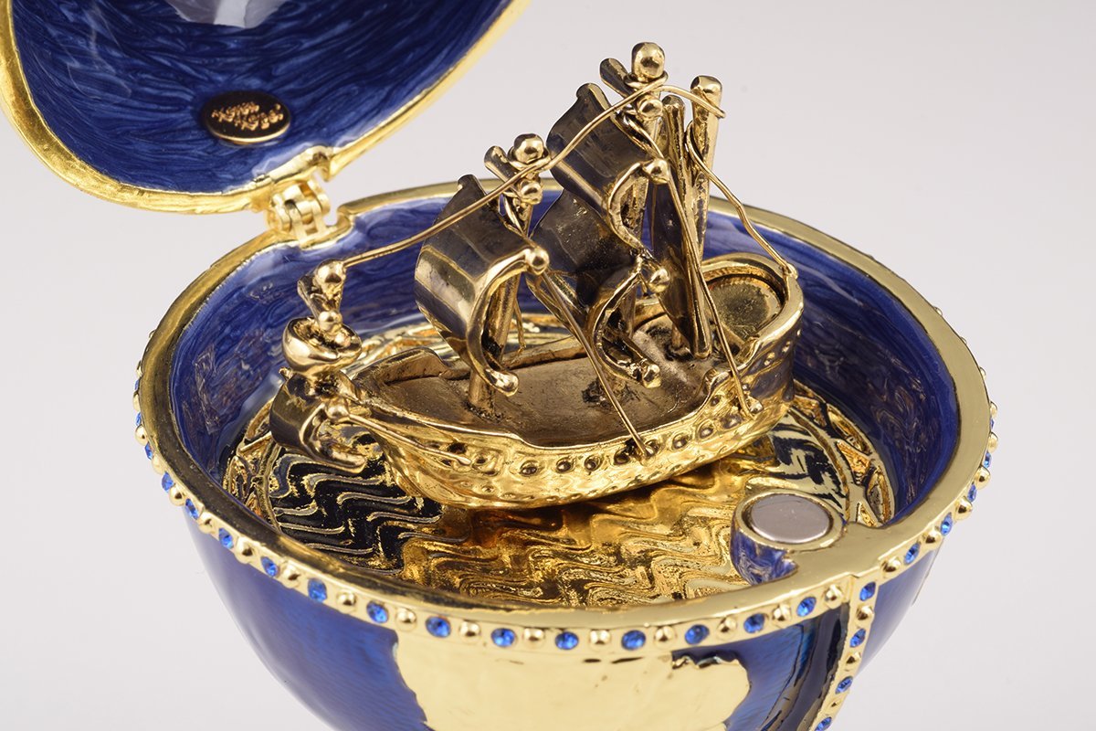 Keren Kopal Globe Faberge Egg with Sailing ship