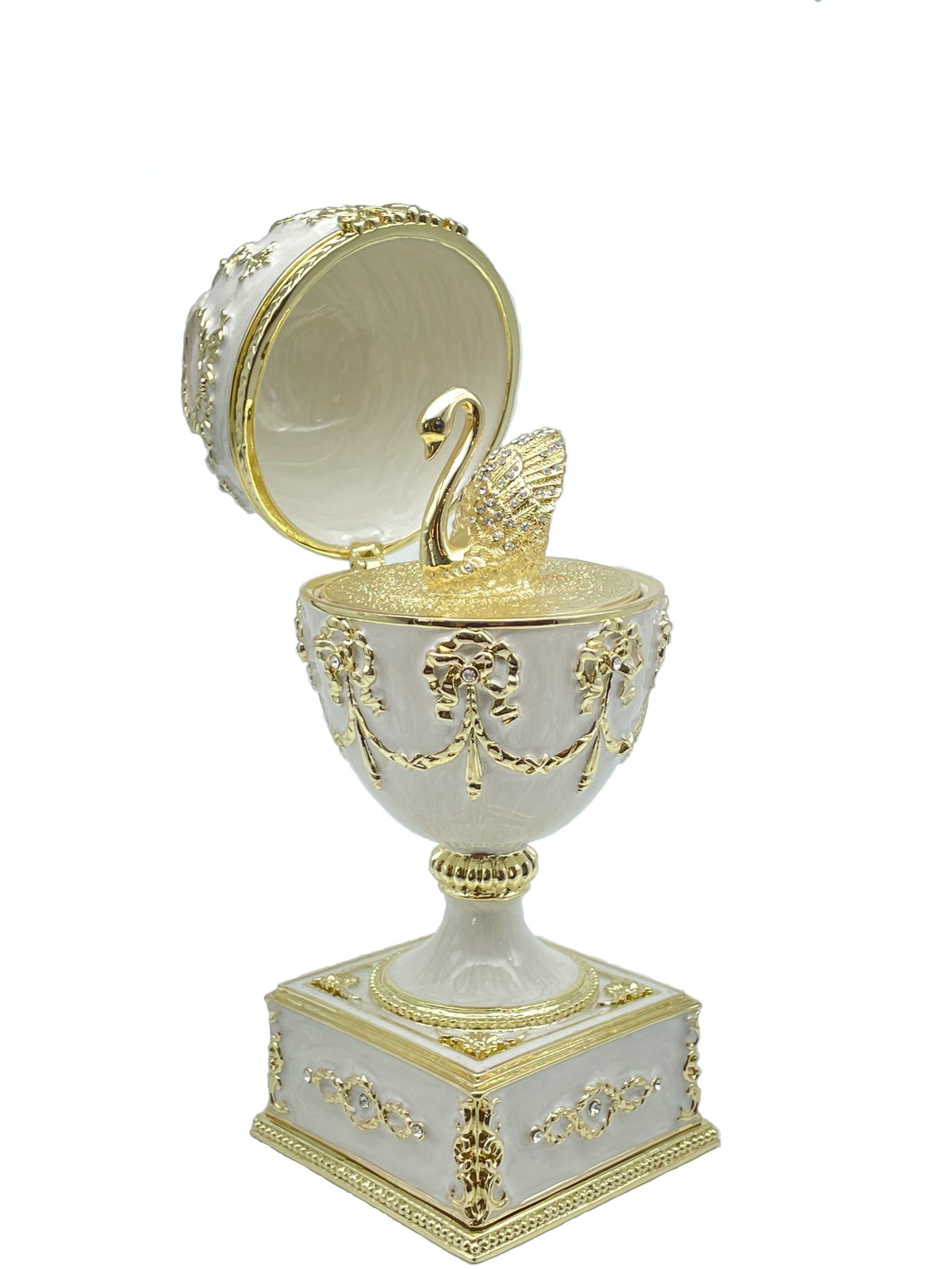 Keren Kopal White Faberge Egg with Swan Inside