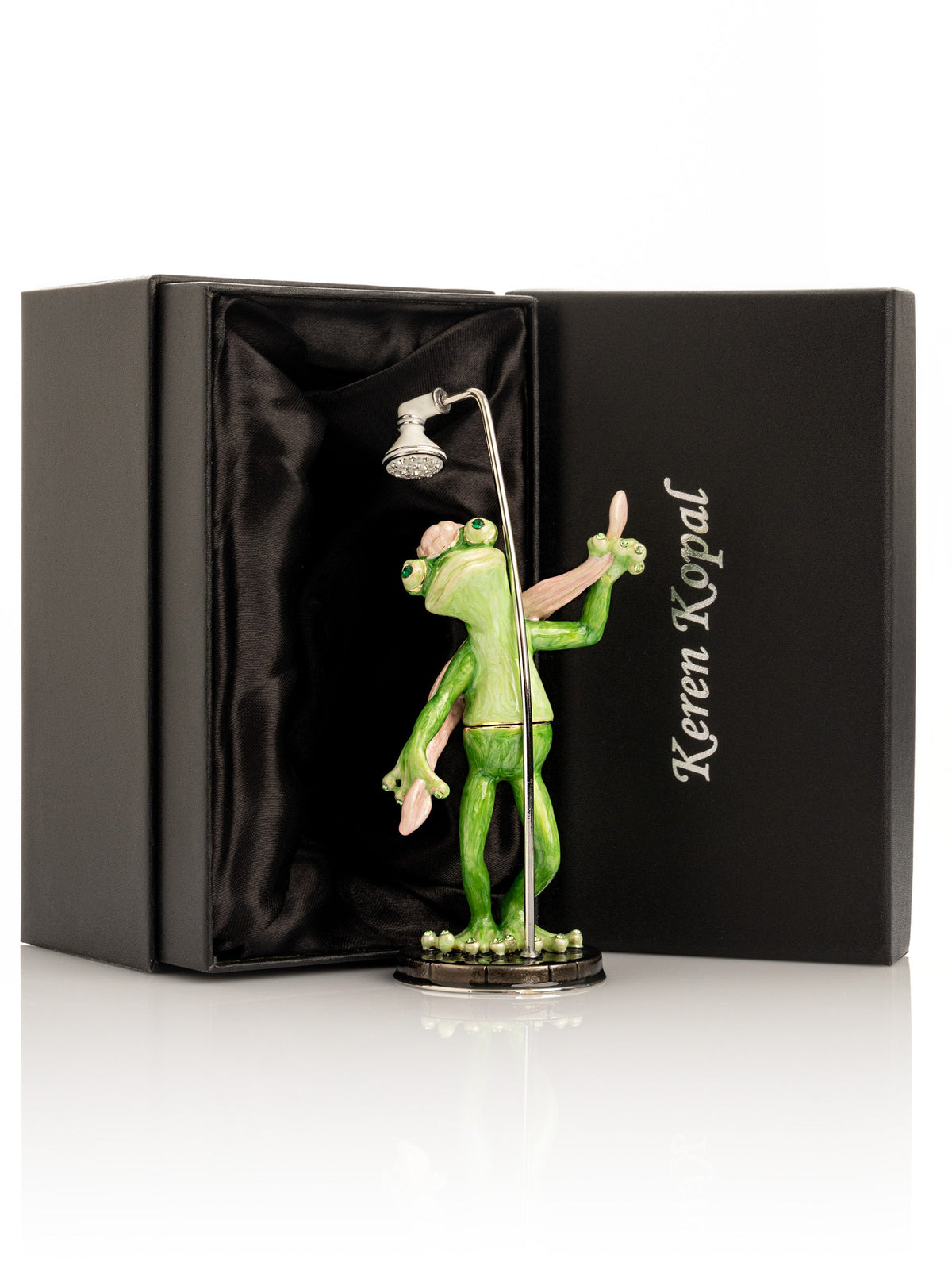 Frog Taking a Shower Trinket Box with Pink Towel