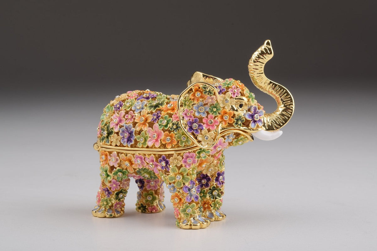 Keren Kopal Gold Elephant with Colorful Flowers Trinket Box