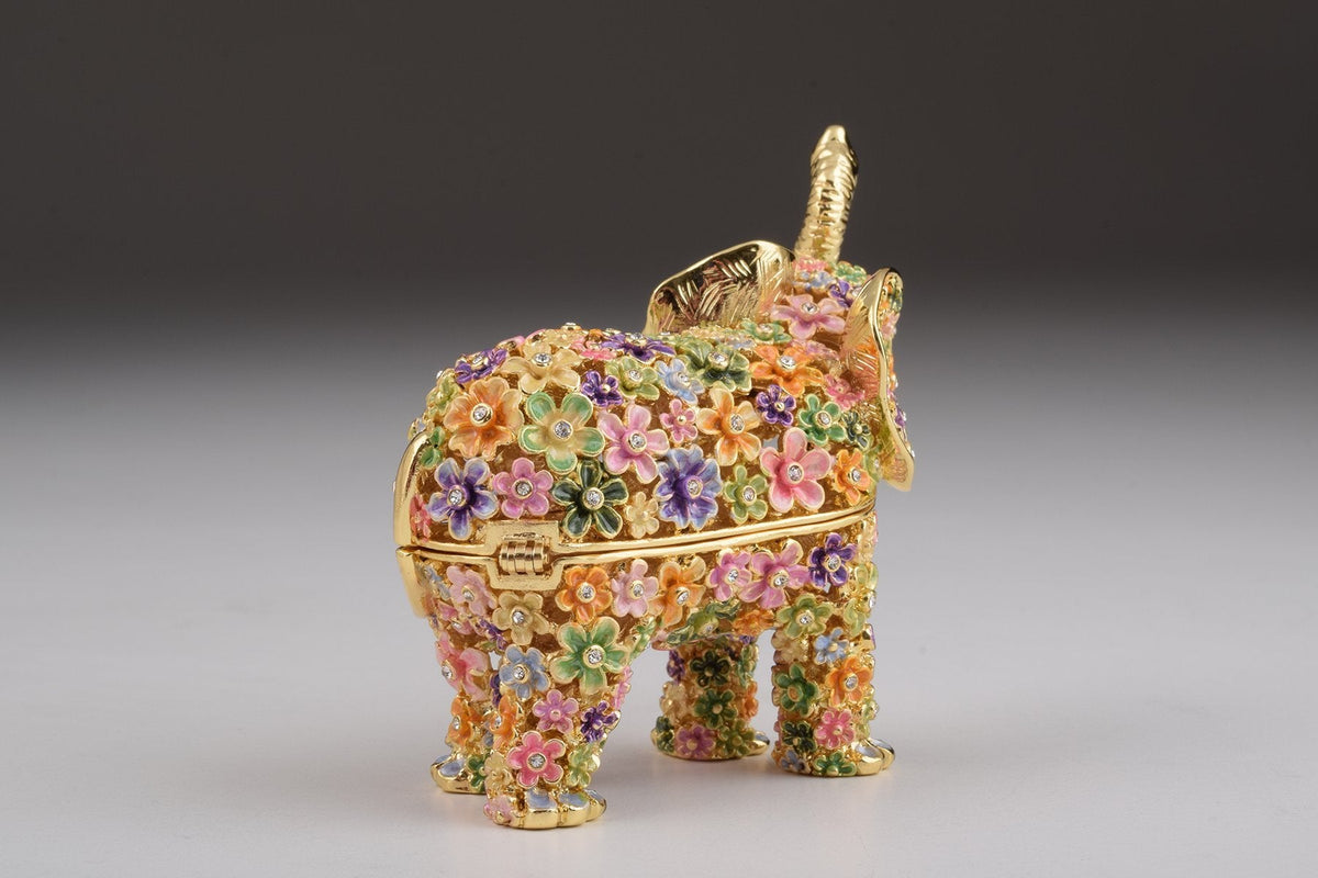 Keren Kopal Gold Elephant with Colorful Flowers Trinket Box