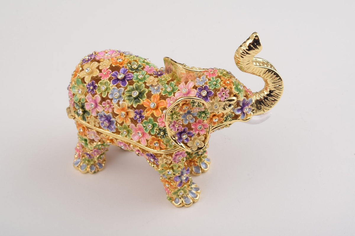 Keren Kopal Gold Elephant with Colorful Flowers Trinket Box