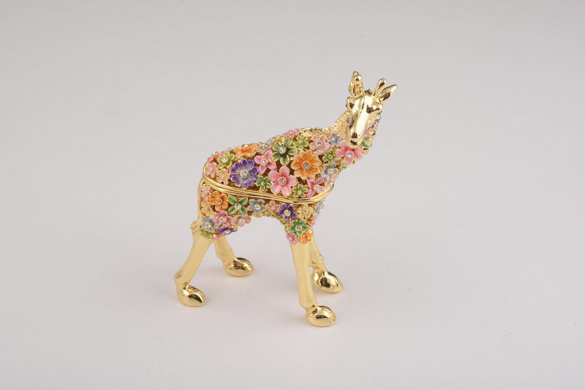 Keren Kopal Gold Giraffe with Colorful Flowers Trinket Box