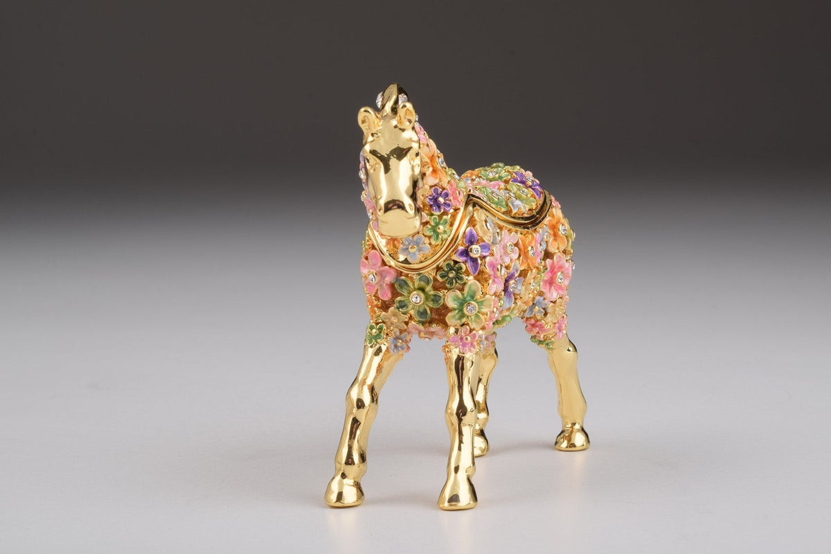Keren Kopal Gold with Colorful Flowers Horse Trinket Box