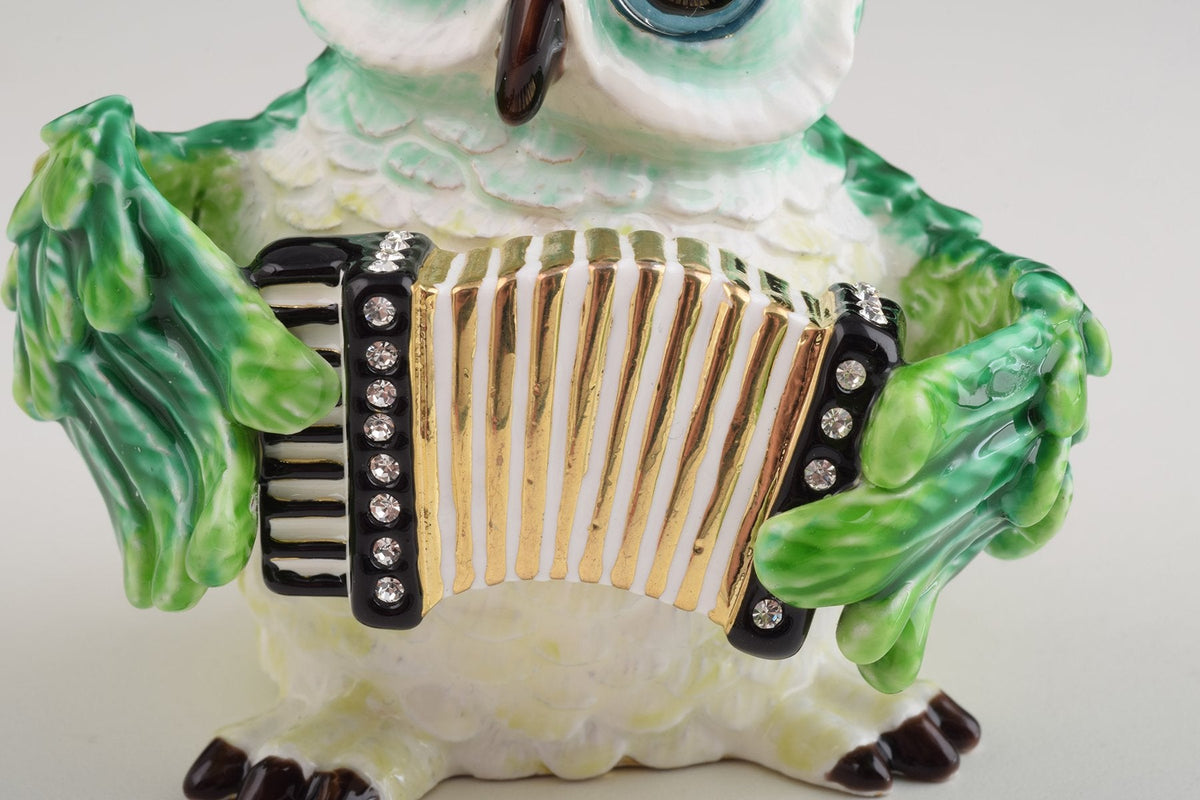 Keren Kopal Green Owl Playing Accordion Trinket Box