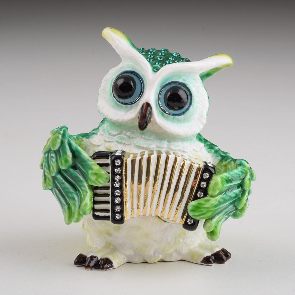 Keren Kopal Green Owl Playing Accordion Trinket Box