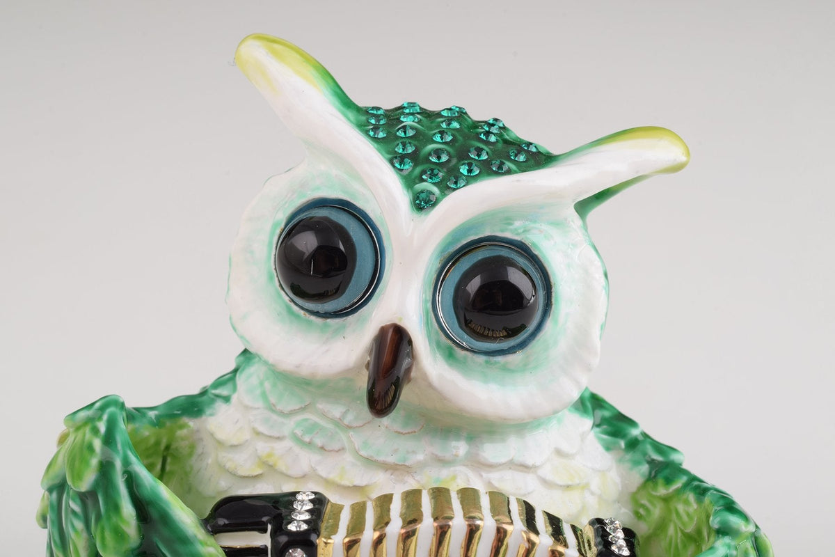 Keren Kopal Green Owl Playing Accordion Trinket Box