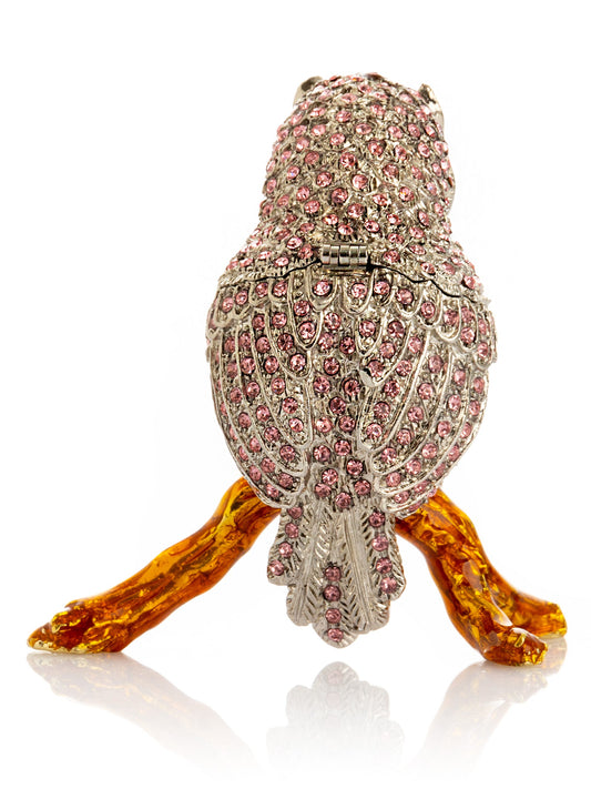 Pink & Silver Crystal Owl on Amber Tree Branch Trinket Box