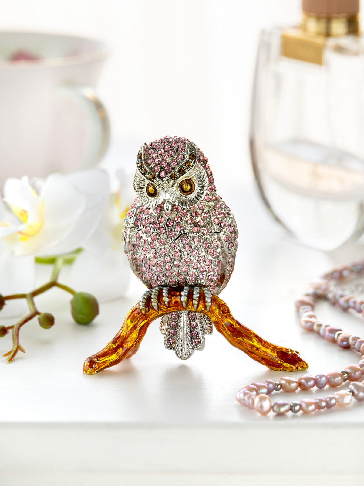 Pink & Silver Crystal Owl on Amber Tree Branch Trinket Box