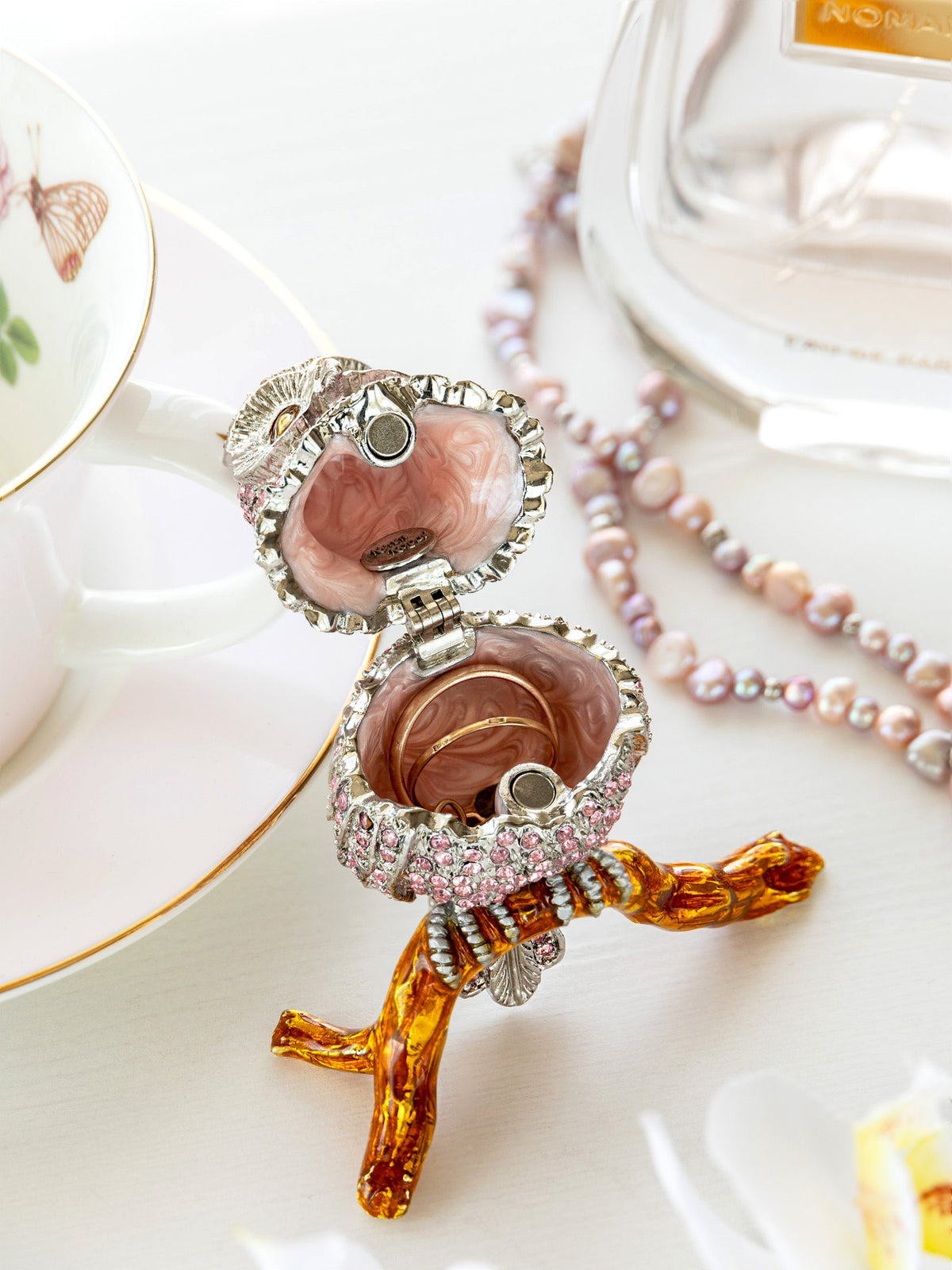Pink & Silver Crystal Owl on Amber Tree Branch Trinket Box