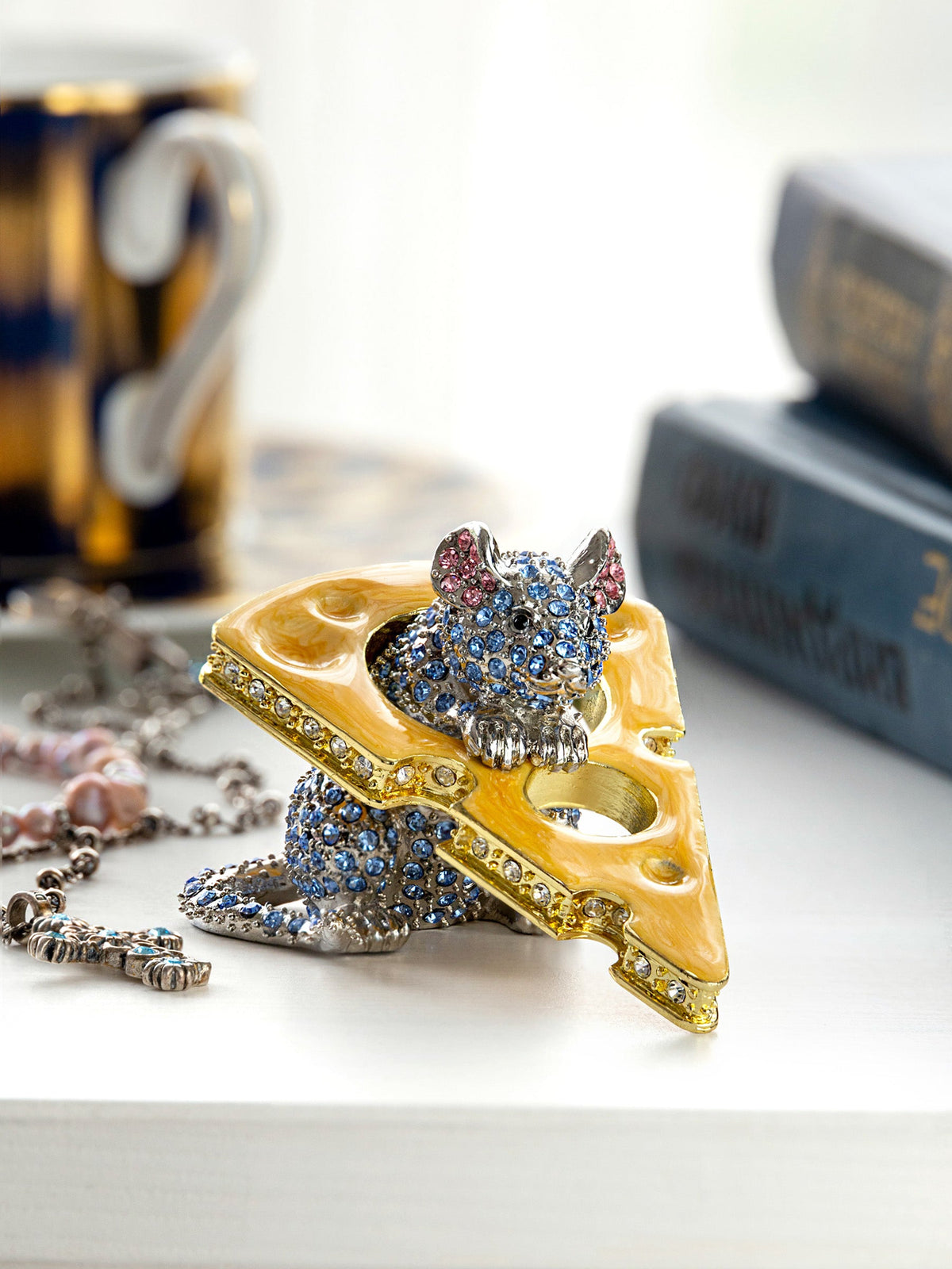 Sparkling Mouse Peeking from Yellow Cheese Trinket Box