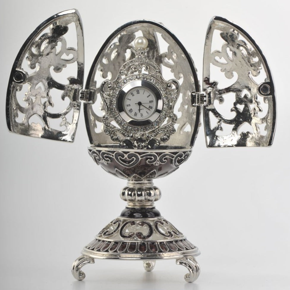 Keren Kopal Silver & Black Faberge Style Egg with a Clock Inside