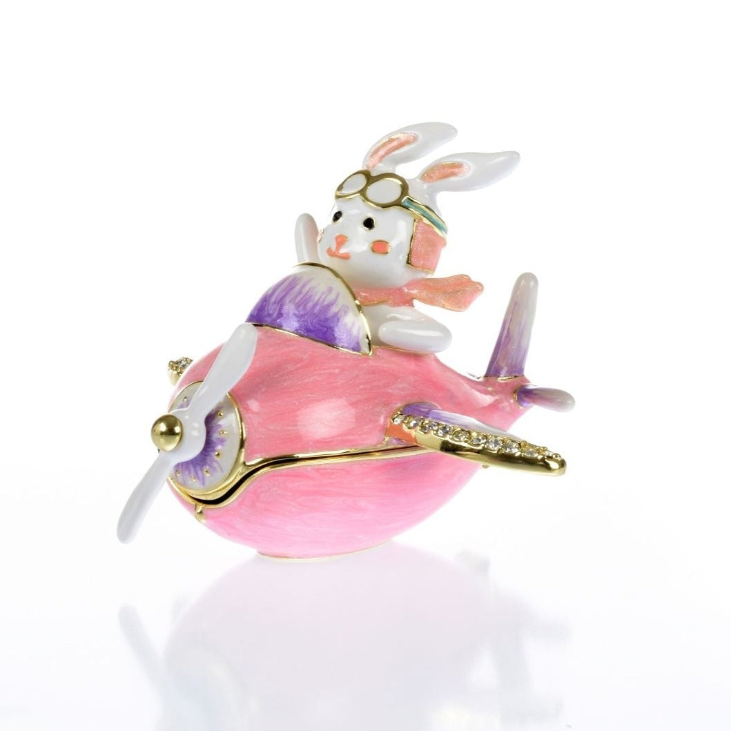 Bunny flying a pink plane trinket box - Exquisite Decor