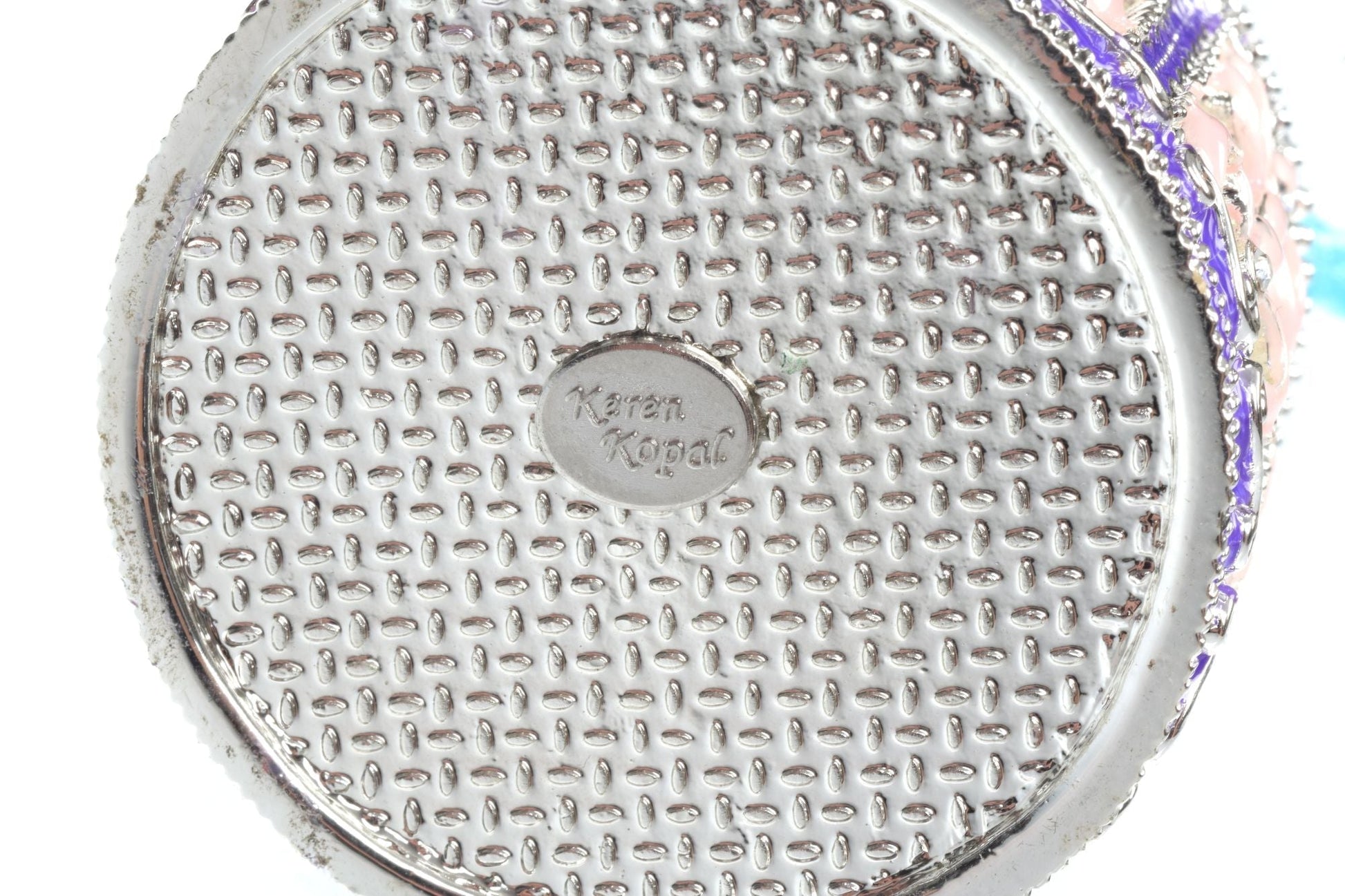 Keren Kopal Light Blue Bird on top top of a purple birdcage Faberge Styled Trinket Box