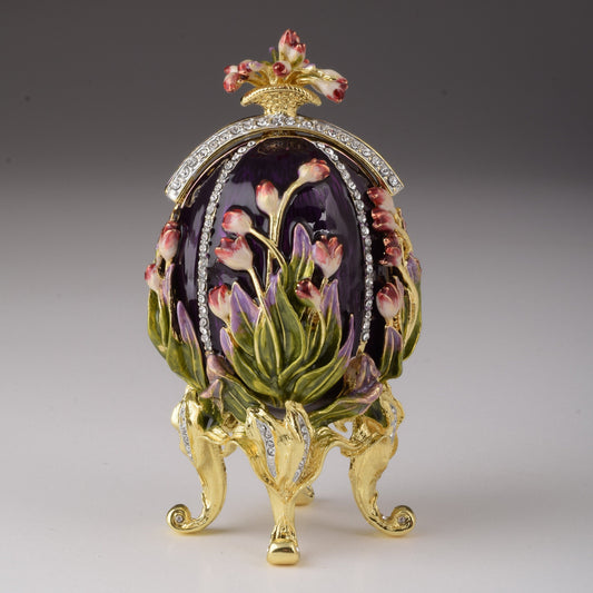 Keren Kopal Purple tulip Egg Trinket Box & Clock Russian Egg