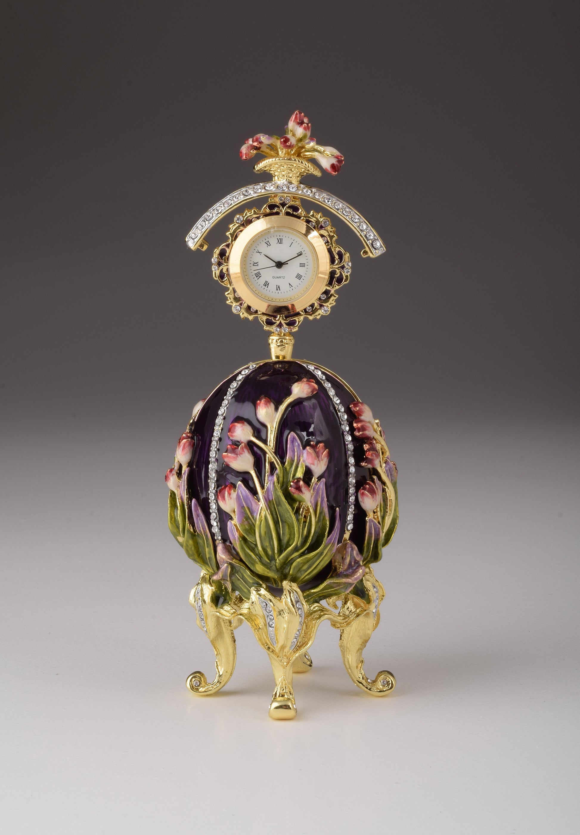 Keren Kopal Purple tulip Egg Trinket Box & Clock Russian Egg