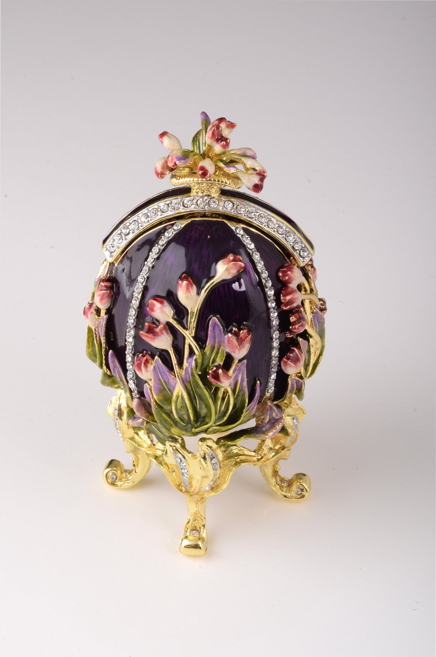 Keren Kopal Purple tulip Egg Trinket Box & Clock Russian Egg