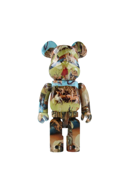 בובת אספנות Bearbrick 400% עם הדפס הציור גן התענוגות הארציים של היירונימוס בוש.