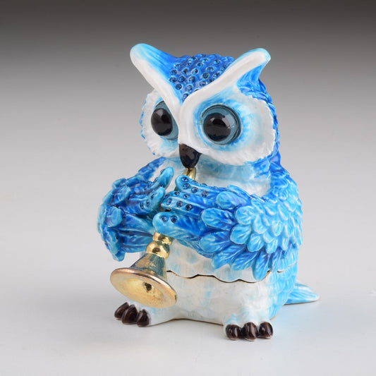 Keren Kopal Blue Owl Playing Trumpet Trinket Box