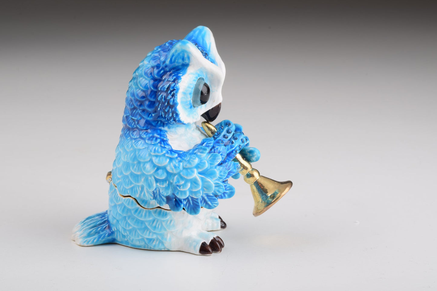 Keren Kopal Blue Owl Playing Trumpet Trinket Box