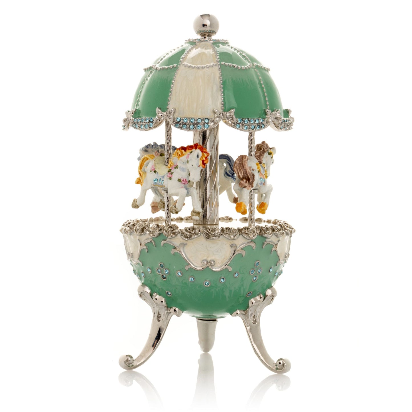 Keren Kopal Light Blue Carousel Faberge Egg with White Royal Horses