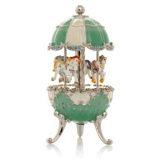 Keren Kopal Light Blue Carousel Faberge Egg with White Royal Horses