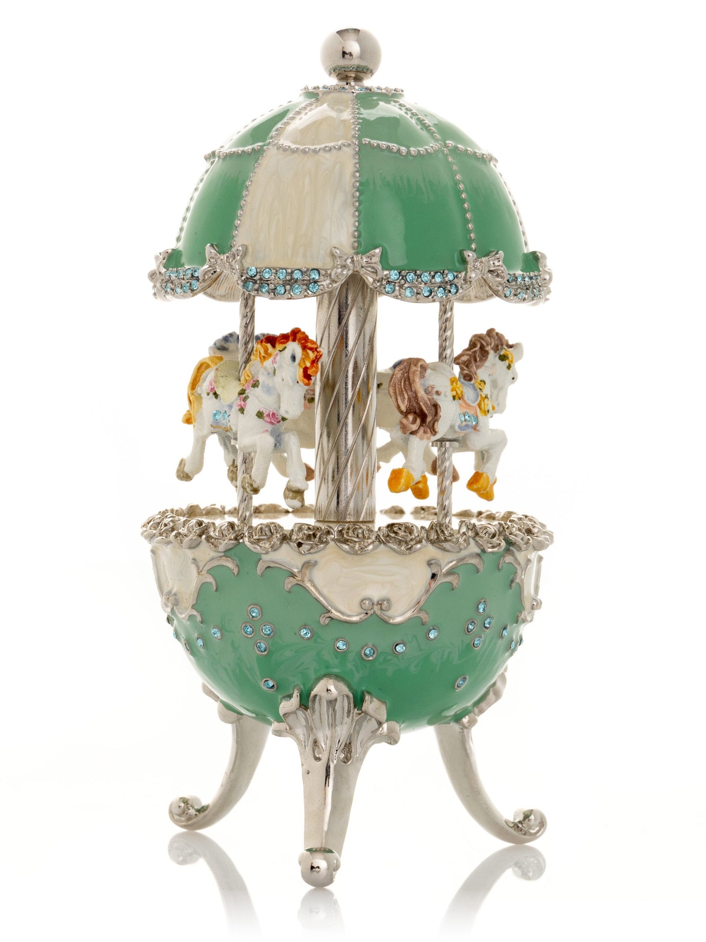 Keren Kopal Light Blue Carousel Faberge Egg with White Royal Horses