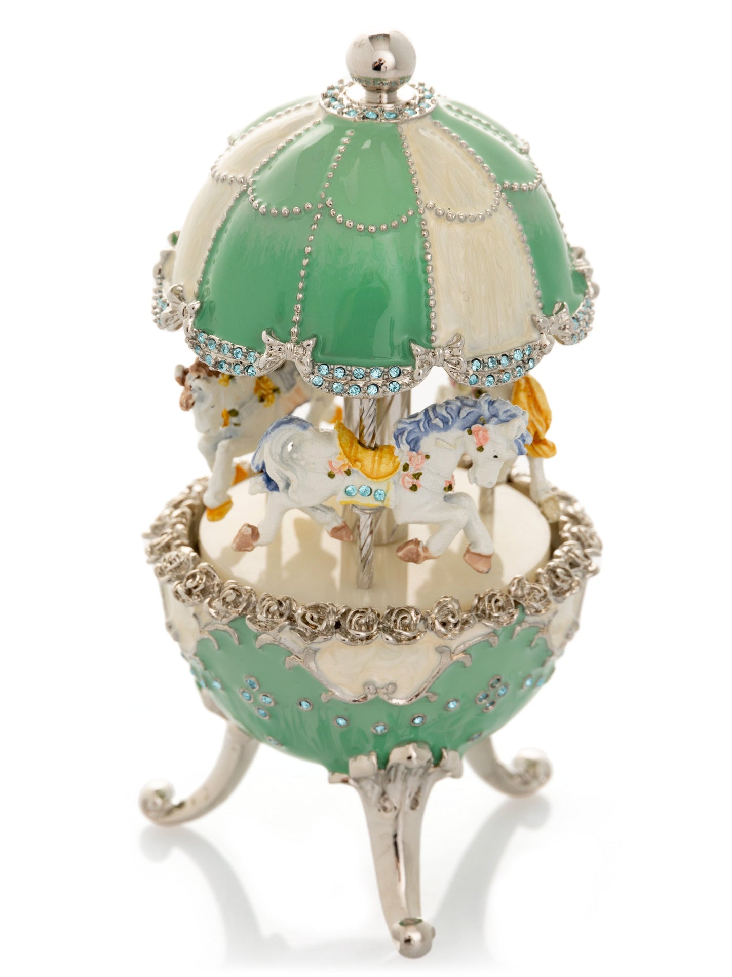 Keren Kopal Light Blue Carousel Faberge Egg with White Royal Horses