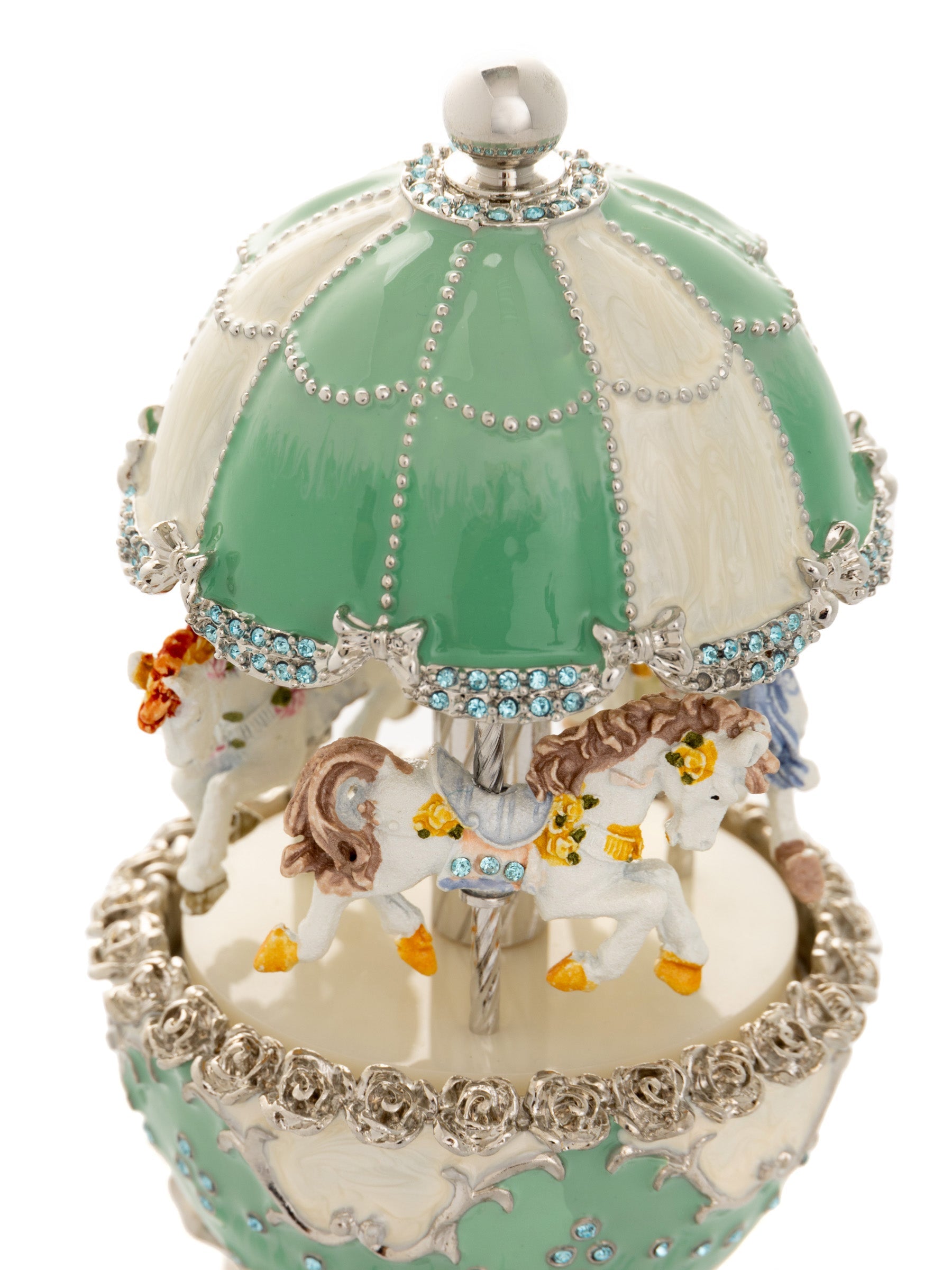 Keren Kopal Light Blue Carousel Faberge Egg with White Royal Horses