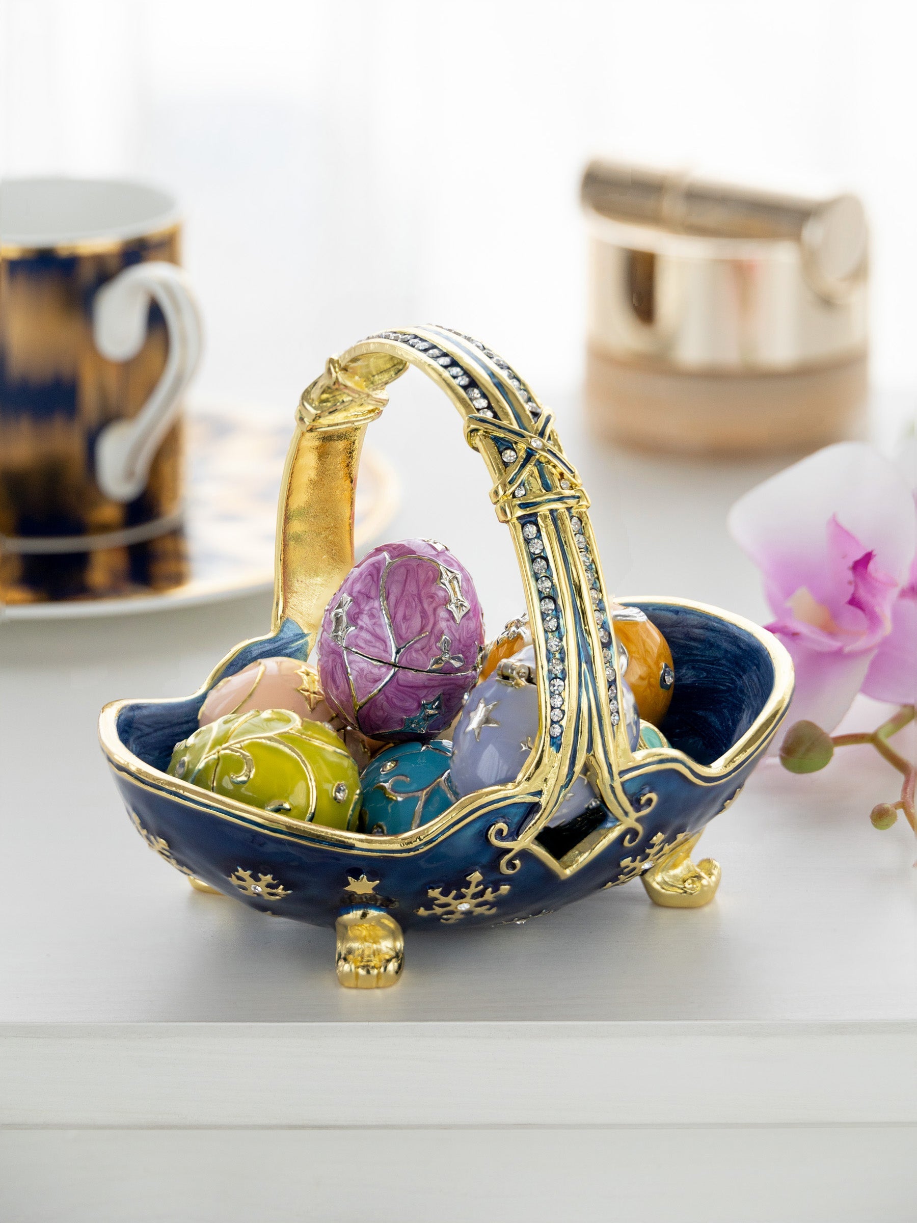 Keren Kopal Blue Basket Carring Small Faberge Eggs