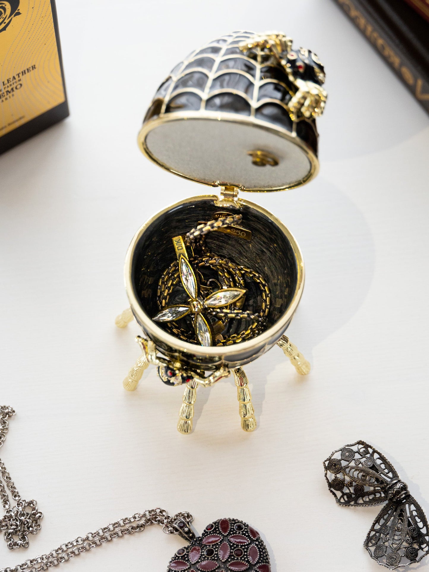Keren Kopal Black Faberge Egg Spiderweb Decoration Music Playing Egg