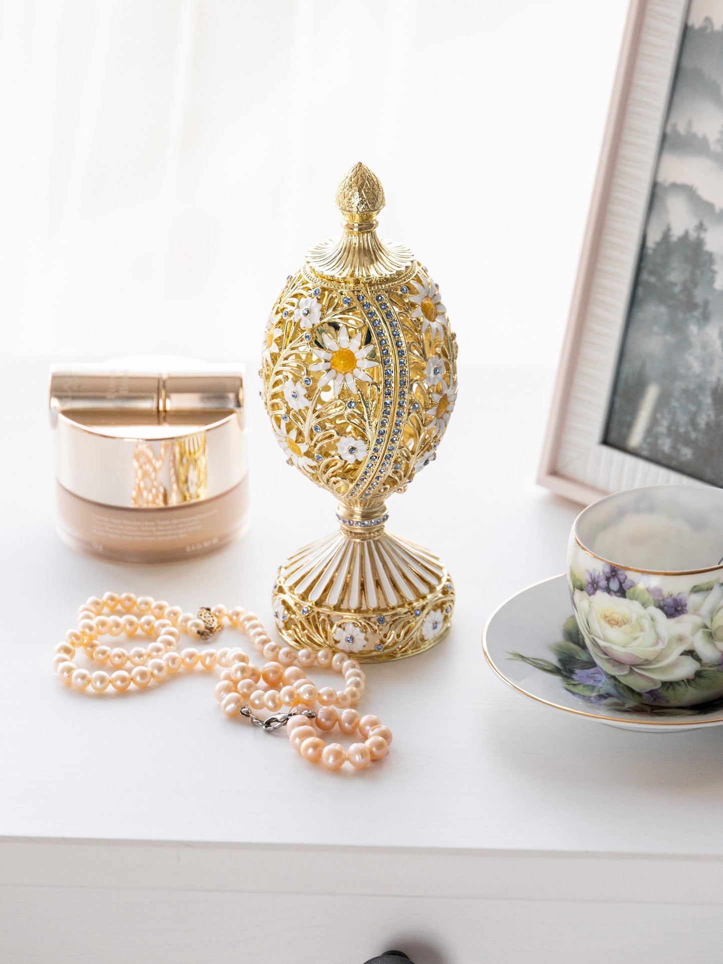 Keren Kopal White Faberge Egg with Butterfly Inside