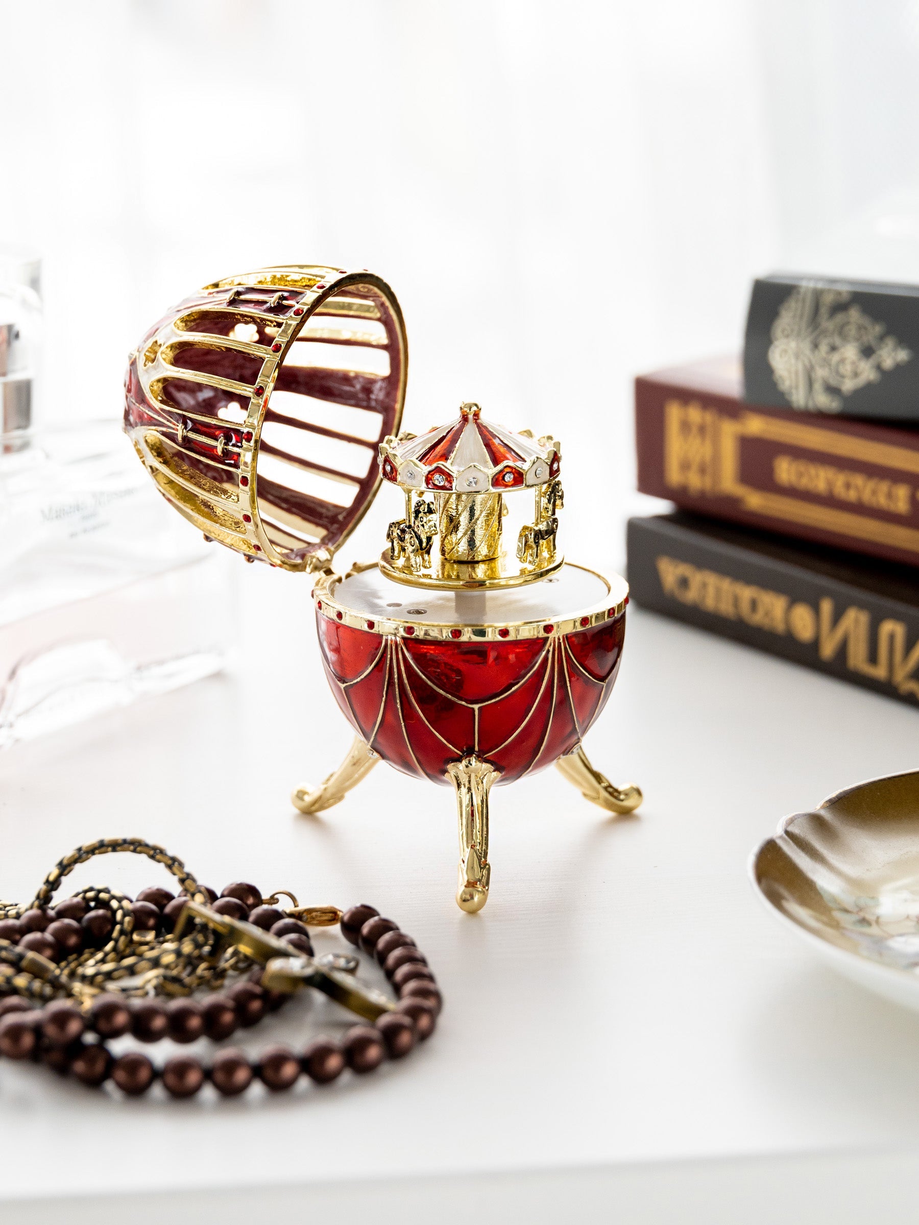 Keren Kopal Red Faberge Egg with Horse Carousel Surprise Inside