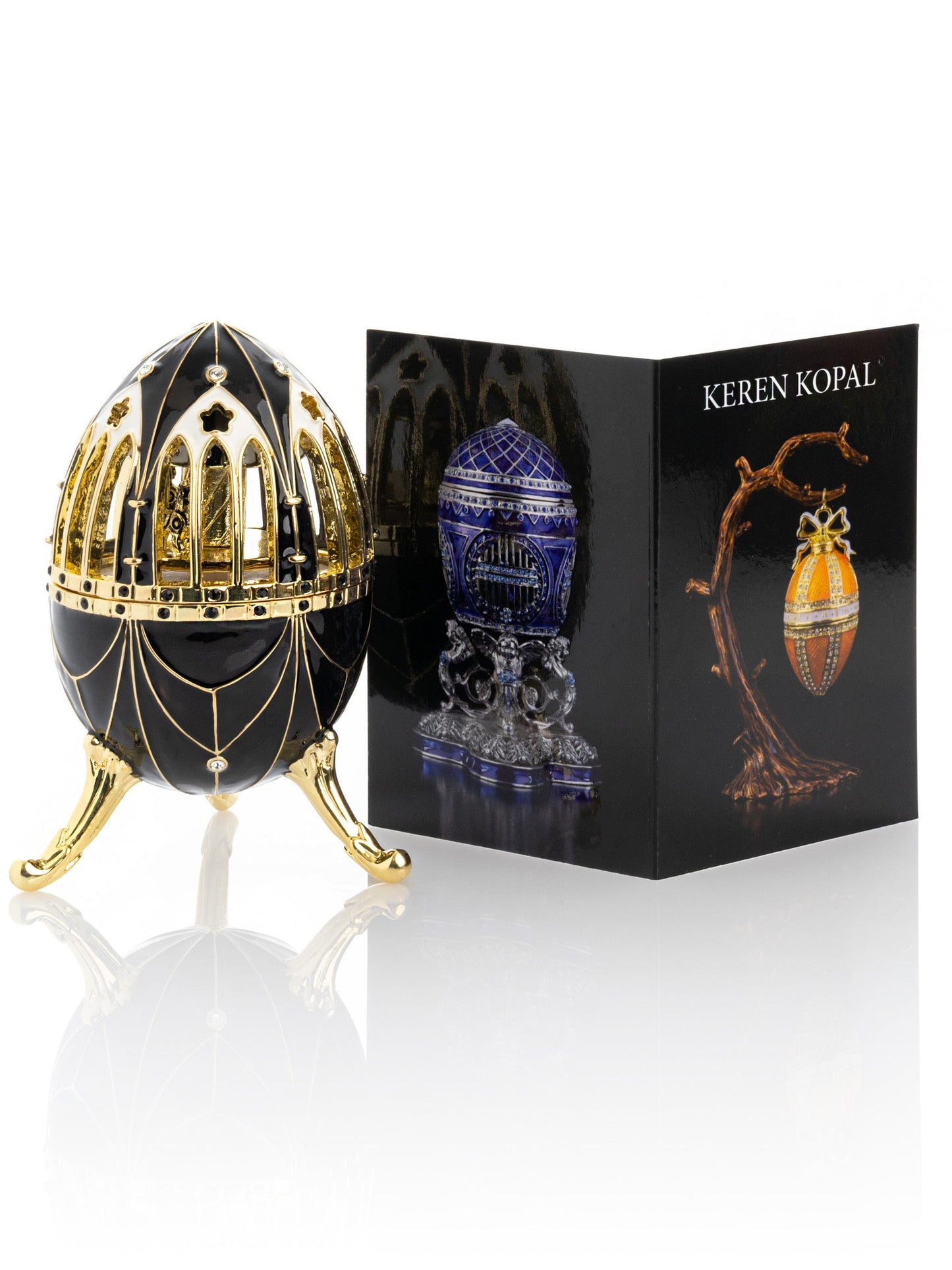 Keren Kopal Black and Gold Faberge Egg with Horse Carousel Surprise Inside