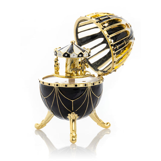 Keren Kopal Black and Gold Faberge Egg with Horse Carousel Surprise Inside