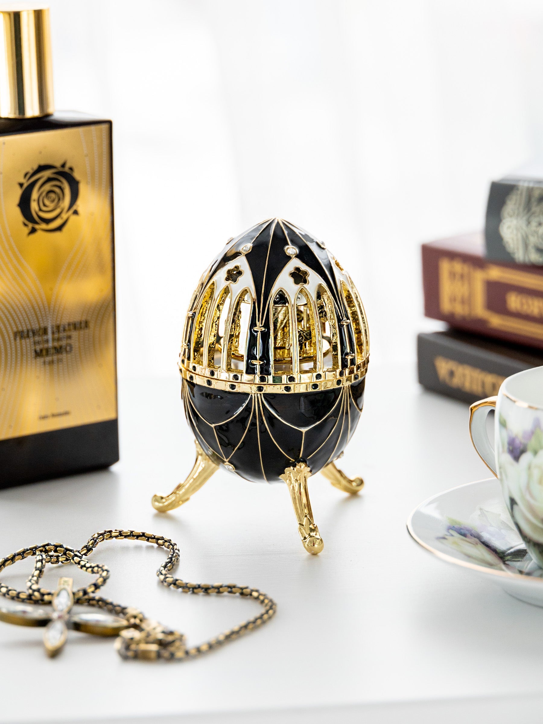 Keren Kopal Black and Gold Faberge Egg with Horse Carousel Surprise Inside