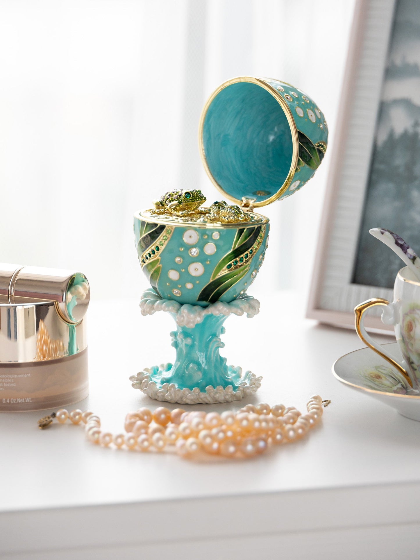 Keren Kopal Turquoise Faberge Egg with 2 Frogs Surprise Inside