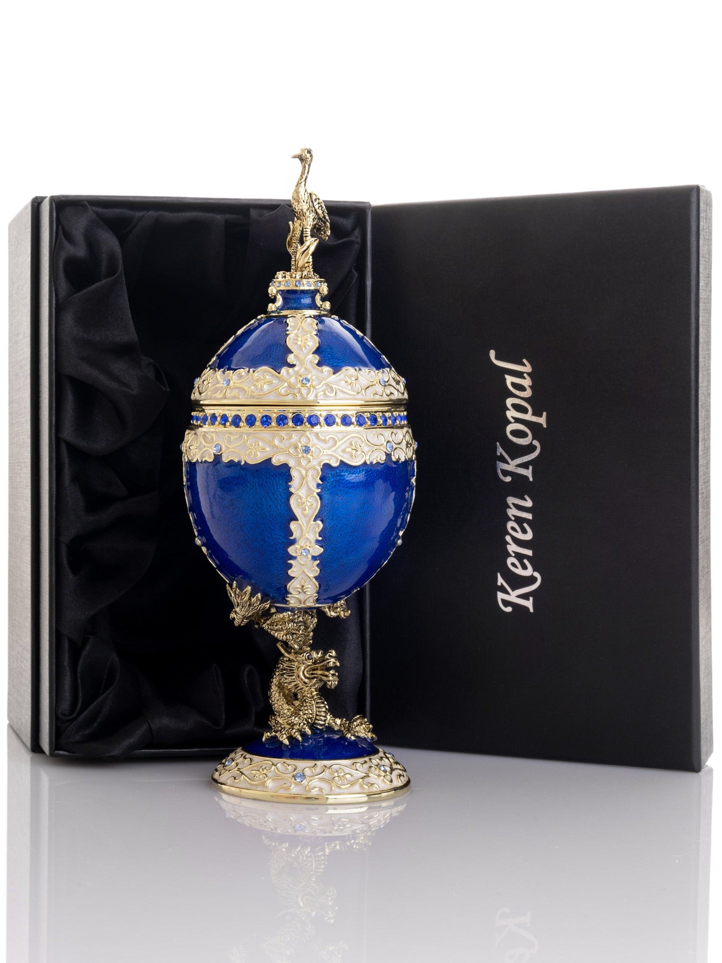 Luxurious Blue-Gold Egg with Clock with Dragon Pedestal and Bird Ornament