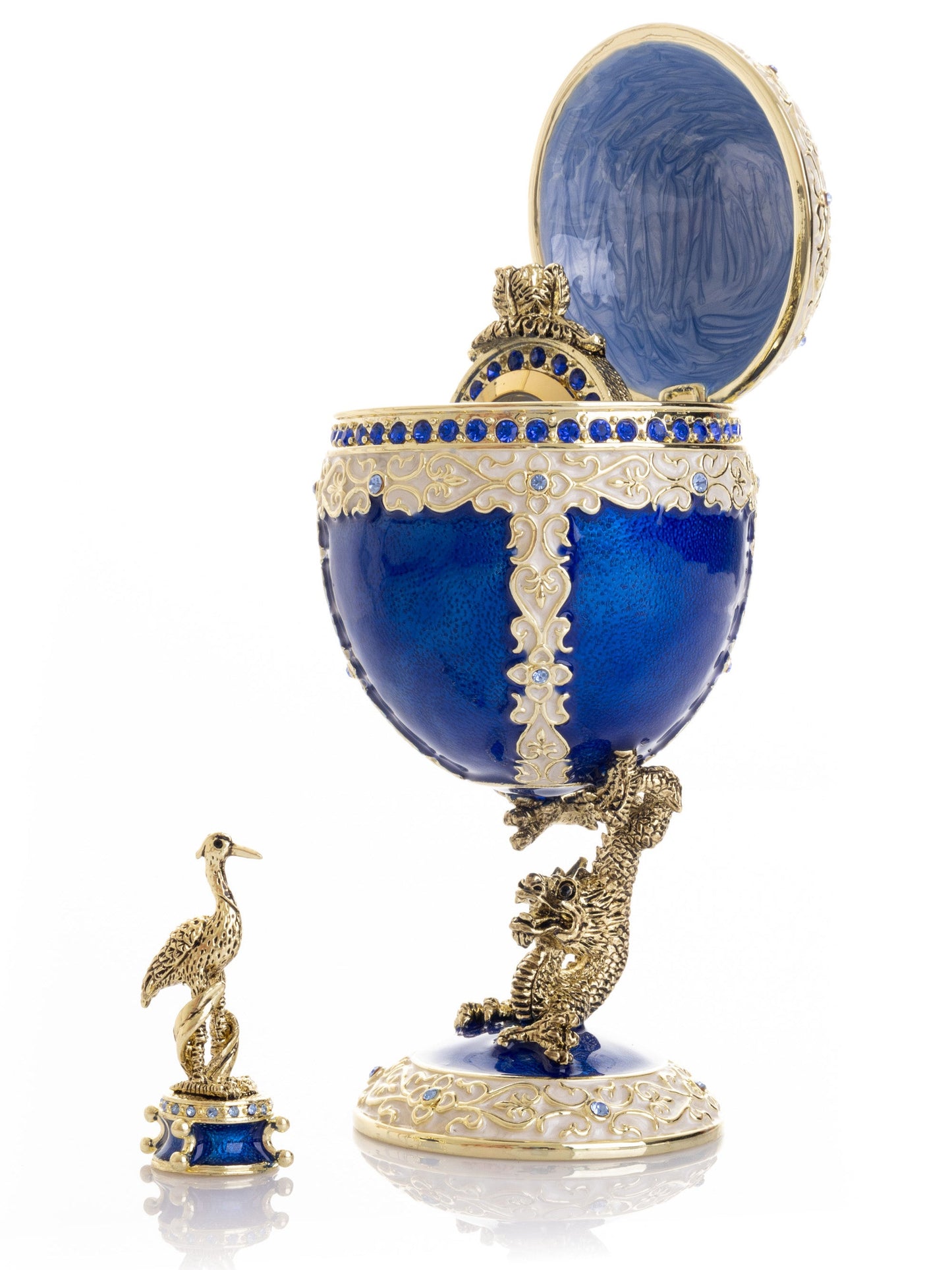 Luxurious Blue-Gold Egg with Clock with Dragon Pedestal and Bird Ornament