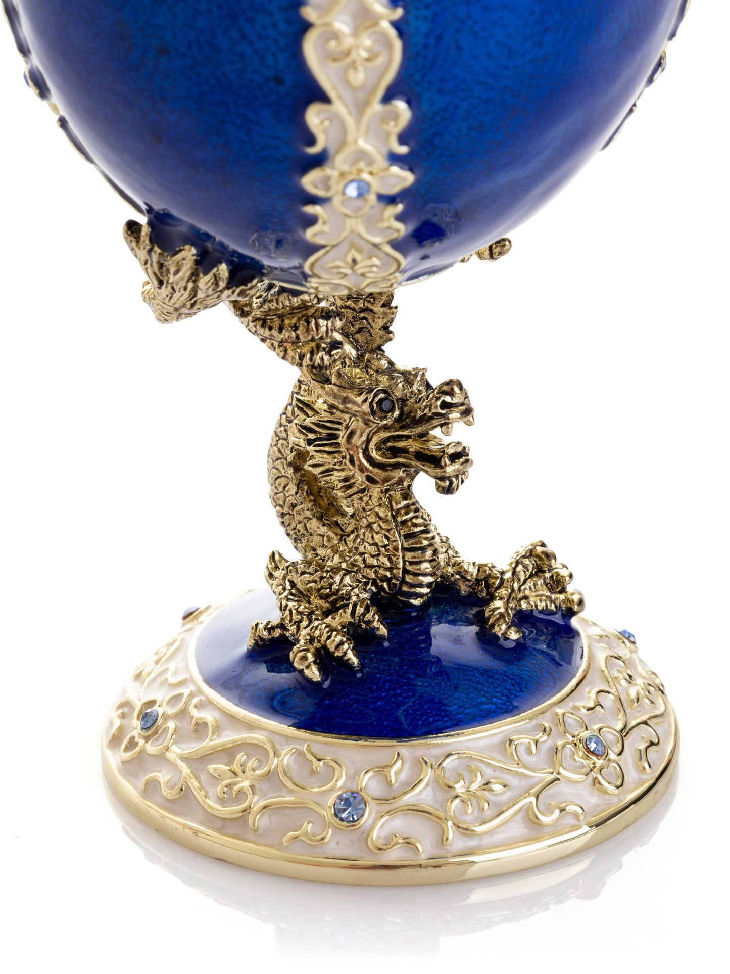 Luxurious Blue-Gold Egg with Clock with Dragon Pedestal and Bird Ornament