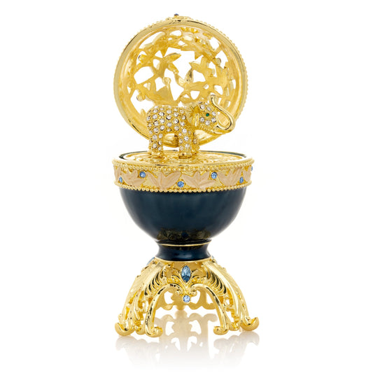 Golden Blue Faberge Egg with a Golden Elephant - Exquisite Decor